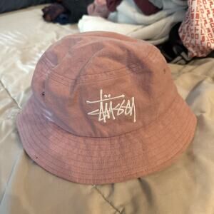 Pink Stussy Bucket Hat With Embroidered White Logo, Size L/XL